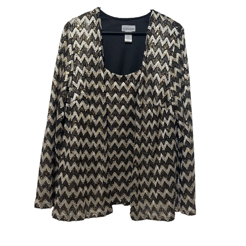 Catherines 1X Sequin Chevron Lace Top Black Gold Long Sleeve Party Plus Size